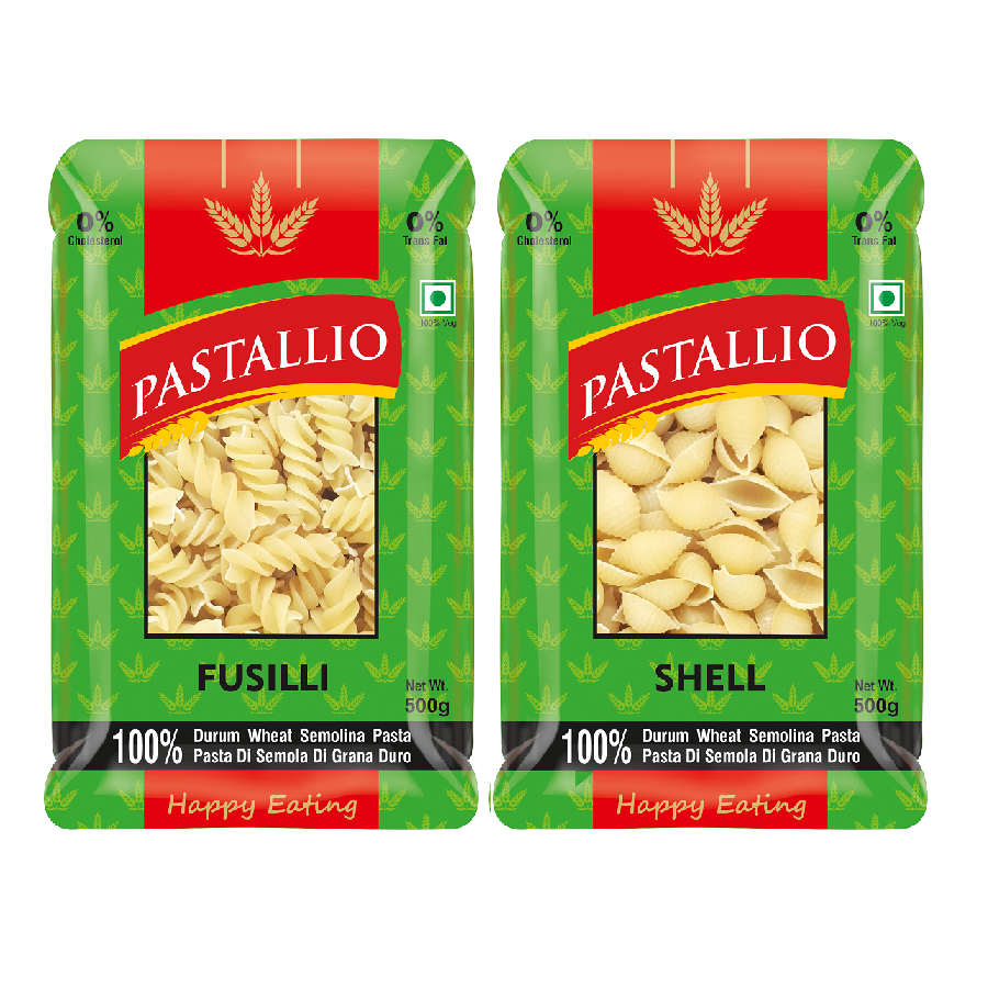 Pastallio Fusilli & Shell Pasta | 100% Durum Wheat Semolina | No Maida | Combo Pack of Spiral & Shell Shape Pasta | Healthy Vegetarian | Ideal for Gravy, Salads & Soups | 2 x 500g (1kg Total)