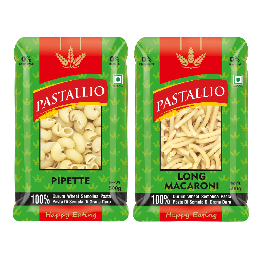 Pastallio Chifferi Rigati (Pipette) & Long Macaroni Pasta | 100% Durum Wheat Semolina | No Maida | Pasta Combo Pack for Red/White Sauce, Salads & Soups | Vegetarian | 2 x 500g (1kg Total)