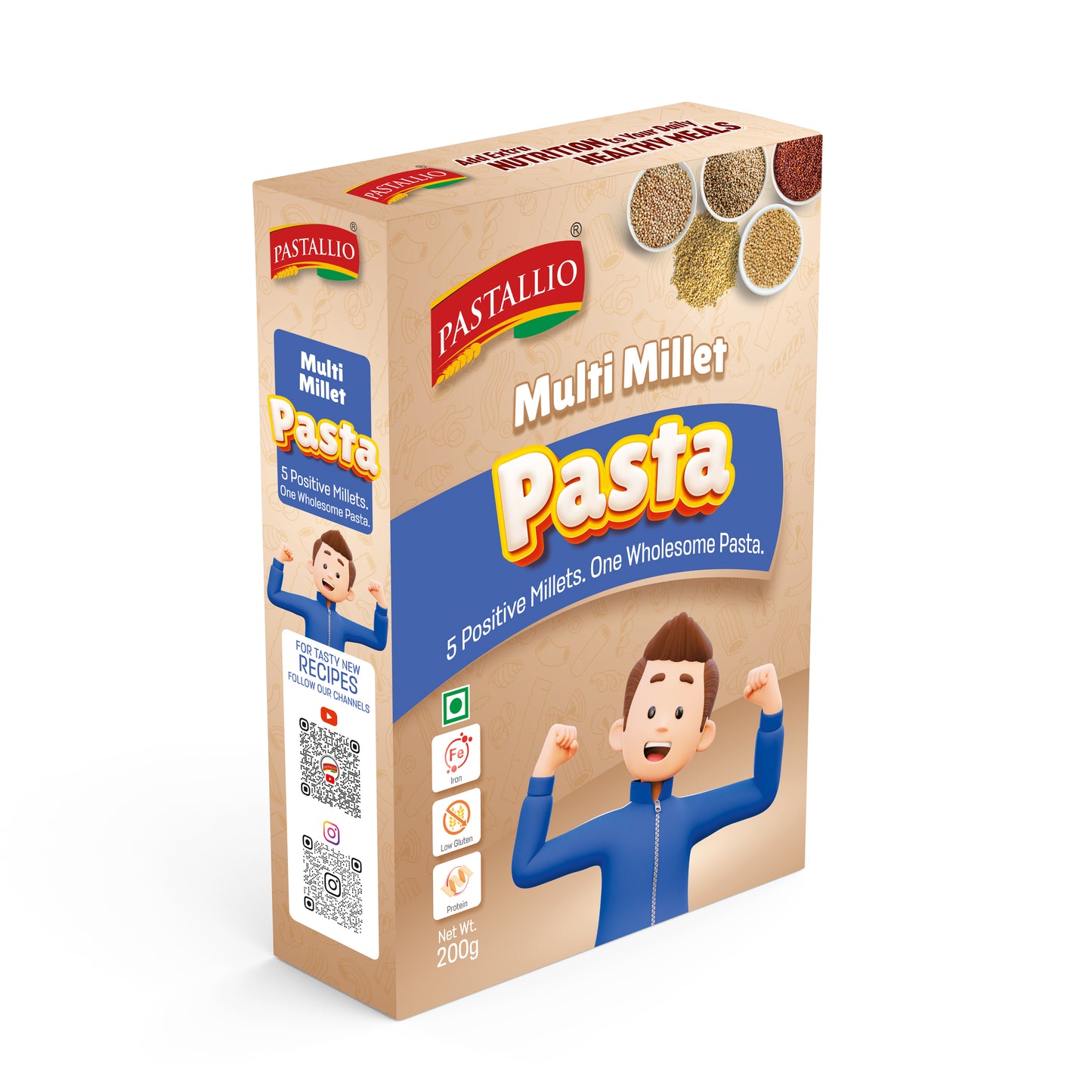 Pastallio Multi Millet Pasta | Penne Rigati (2 Pack 200g) Made of Five Positive Millet Flours (Sorghum, Finger, Pearl, Barnyard & Prosso Millets) with Durum Wheat Semolina | No Maida | Vegan | High Fibre | Protein Rich | Healthy Millet Pasta