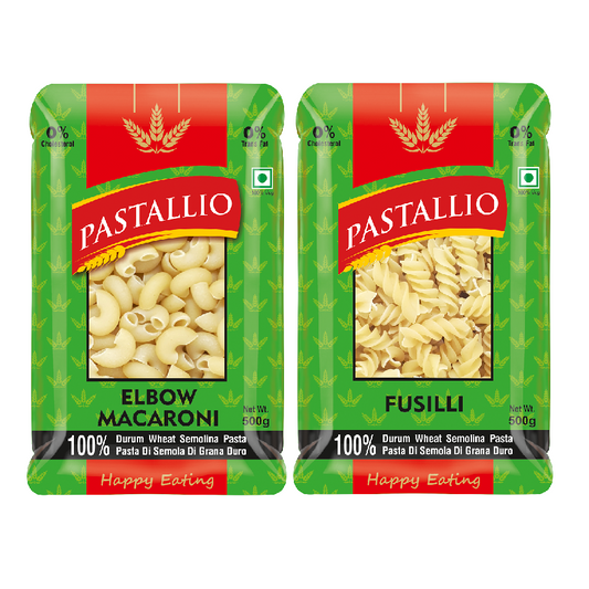 Pastallio Elbow Macaroni & Fusilli Pasta | 100% Durum Wheat Semolina | No Maida | Combo Pasta Pack for Cheesy Dishes, Gravy & Salads | Vegetarian | Pack of 2 x 500g Packs (1kg Total)