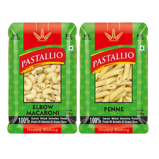 Pastallio Elbow Macaroni & Penne Rigate Pasta | 100% Durum Wheat Semolina | No Maida | Pasta Combo Pack for Soups, Gravy & Salad | Vegetarian | 2 x 500g (1kg Total)