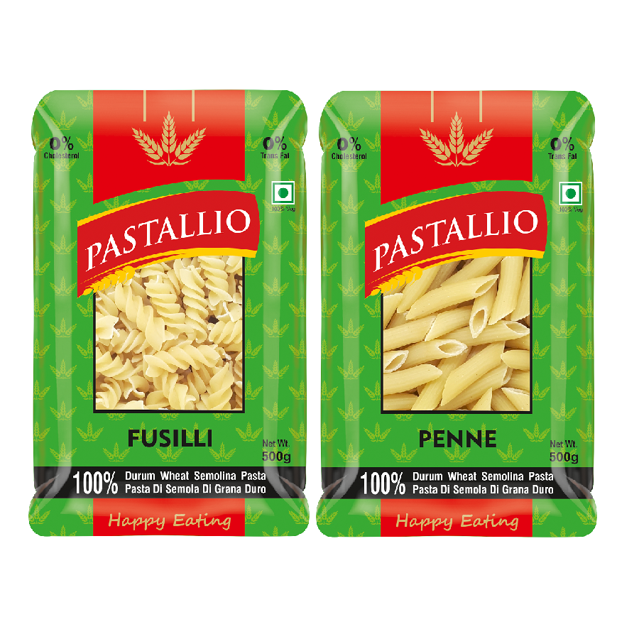 Pastallio 100% Durum Wheat Semolina Pasta - Fusilli & Penne Rigate Combo Pack of 2 x 500g | No Maida | High Protein | Vegetarian