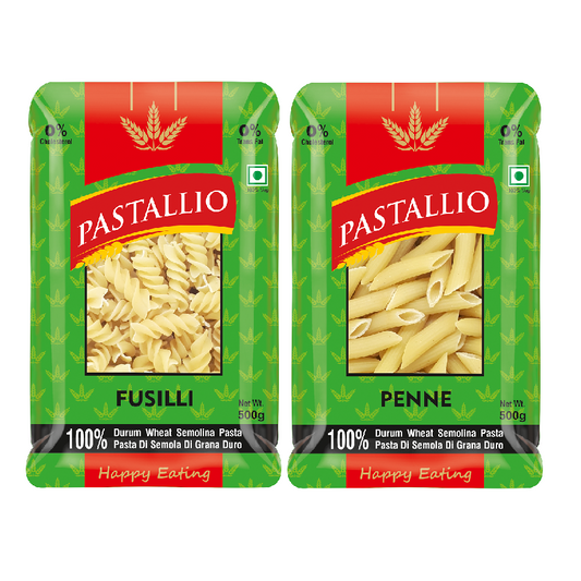 Pastallio 100% Durum Wheat Semolina Pasta - Fusilli & Penne Rigate Combo Pack of 2 x 500g | No Maida | High Protein | Vegetarian