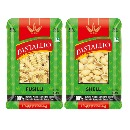 Pastallio Fusilli & Shell Pasta | 100% Durum Wheat Semolina | No Maida | Combo Pack of Spiral & Shell Shape Pasta | Healthy Vegetarian | Ideal for Gravy, Salads & Soups | 2 x 500g (1kg Total)