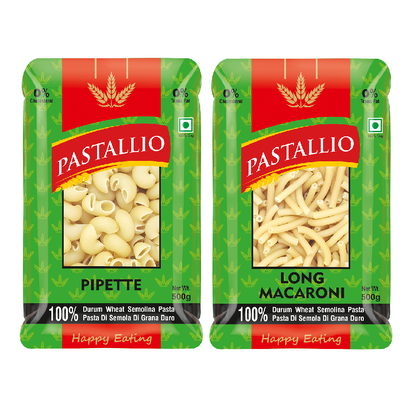 Pastallio Chifferi Rigati (Pipette) & Long Macaroni Pasta | 100% Durum Wheat Semolina | No Maida | Pasta Combo Pack for Red/White Sauce, Salads & Soups | Vegetarian | 2 x 500g (1kg Total)