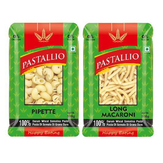 Pastallio Chifferi Rigati (Pipette) & Long Macaroni Pasta | 100% Durum Wheat Semolina | No Maida | Pasta Combo Pack for Red/White Sauce, Salads & Soups | Vegetarian | 2 x 500g (1kg Total)