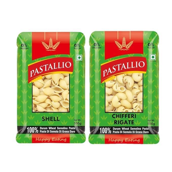 Pastallio Shell & Chifferi Rigati Pasta | 500g x 2packs (1kg) | Made of 100% Durum Wheat Semolina (Suji)
