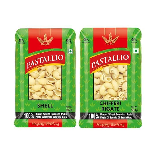 Pastallio Shell & Chifferi Rigati Pasta | 500g x 2packs (1kg) | Made of 100% Durum Wheat Semolina (Suji)