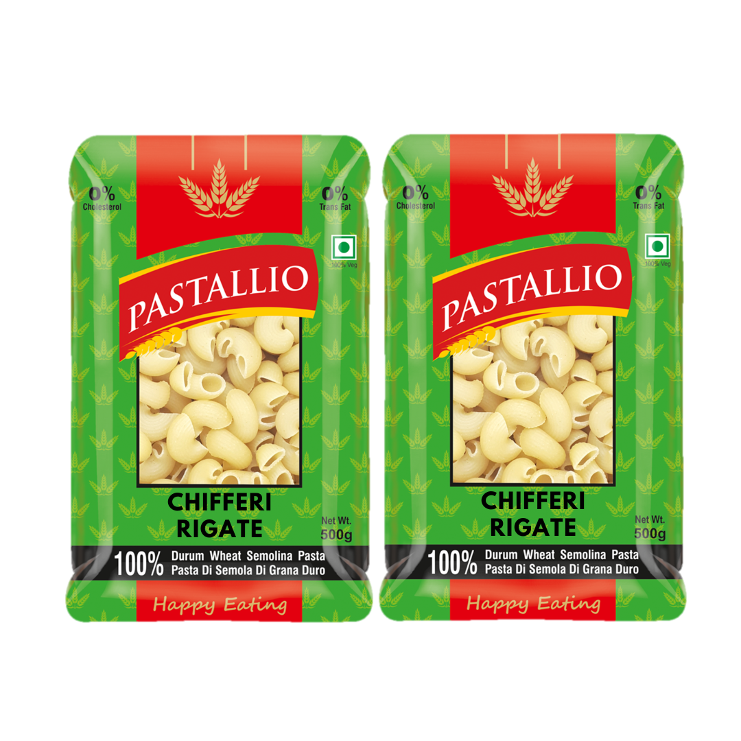 Pastallio Chifferi Rigati Pasta | 100% Durum Wheat Semolina | Pipette/Lumache Shape | Healthy Vegetarian Pasta | Ideal for thick Gravy & Sauces | Pack of 2 x 500g (1kg Total)