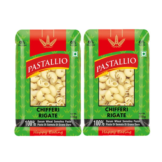 Pastallio Chifferi Rigati Pasta | 100% Durum Wheat Semolina | Pipette/Lumache Shape | Healthy Vegetarian Pasta | Ideal for thick Gravy & Sauces | Pack of 2 x 500g (1kg Total)