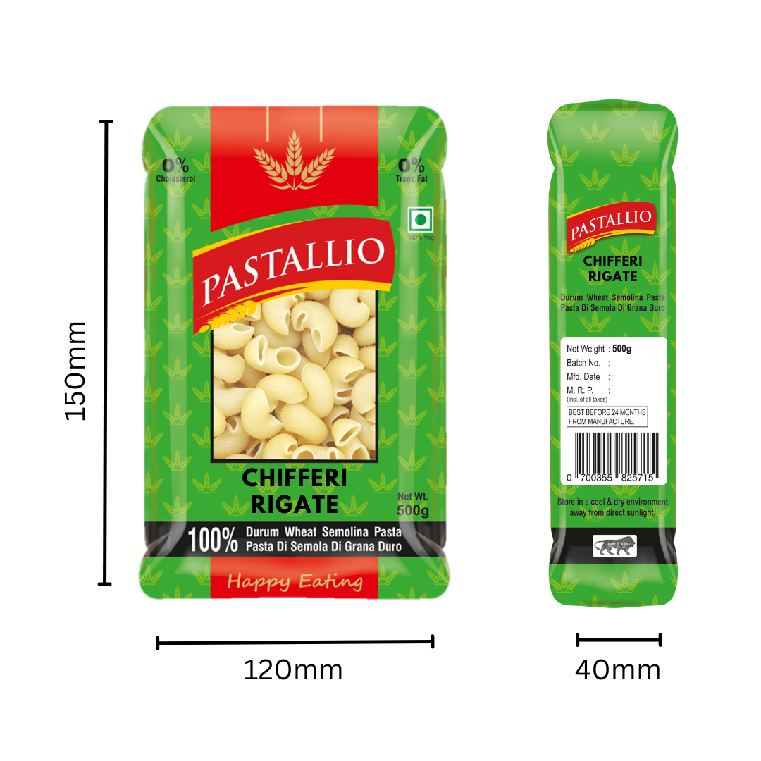 Pastallio Chifferi Rigati Pasta | 100% Durum Wheat Semolina | Pipette/Lumache Shape | Healthy Vegetarian Pasta | Ideal for thick Gravy & Sauces | Pack of 2 x 500g (1kg Total)