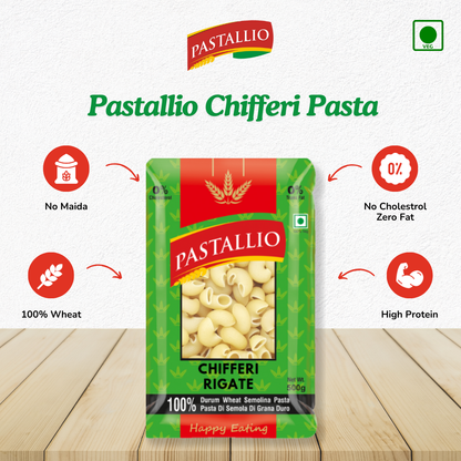 Pastallio Chifferi Rigati Pasta | 100% Durum Wheat Semolina | Pipette/Lumache Shape | Healthy Vegetarian Pasta | Ideal for thick Gravy & Sauces | Pack of 2 x 500g (1kg Total)