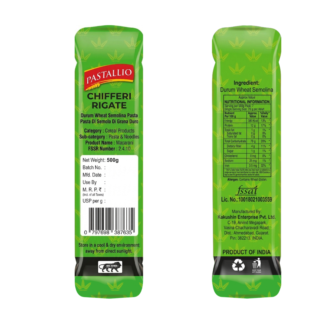 Pastallio Chifferi Rigati Pasta | 100% Durum Wheat Semolina | Pipette/Lumache Shape | Healthy Vegetarian Pasta | Ideal for thick Gravy & Sauces | Pack of 2 x 500g (1kg Total)