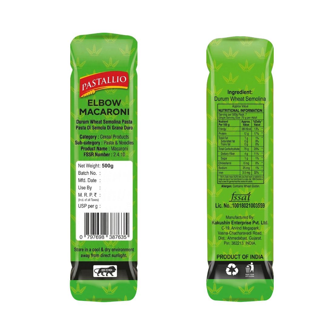 Pastallio Elbow Macaroni Pasta | 100% Durum Wheat Semolina | No Maida | Smooth Texture for Mac & Cheese, Soups & Gravy Dishes | Vegetarian | Pack of 2 X 500g (1kg Total)