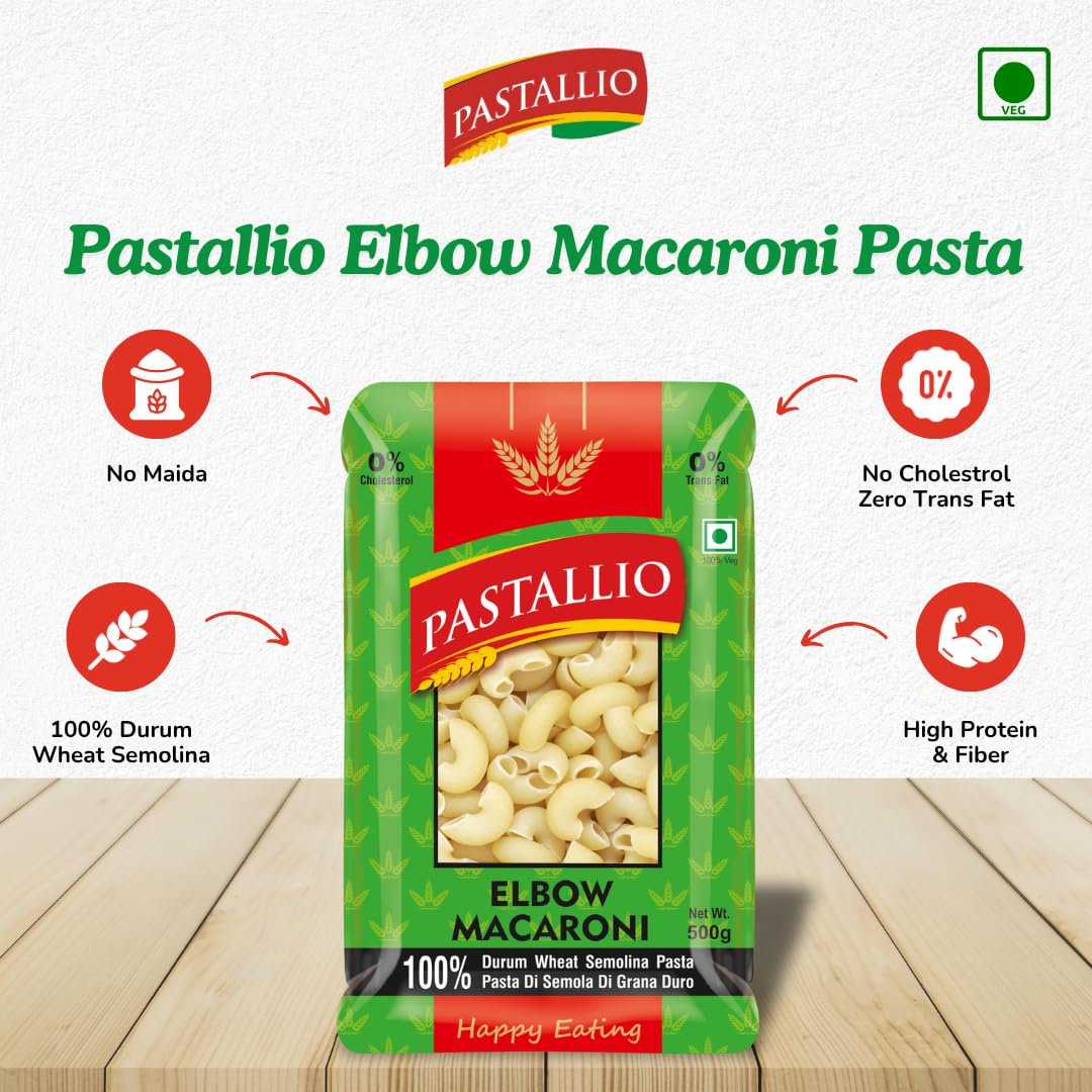 Pastallio Elbow Macaroni Pasta | 100% Durum Wheat Semolina | No Maida | Smooth Texture for Mac & Cheese, Soups & Gravy Dishes | Vegetarian | Pack of 2 X 500g (1kg Total)