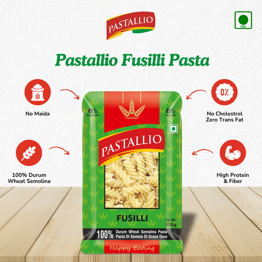 Pastallio Fusilli Pasta | 100% Durum Wheat Semolina | No Maida | Spiral Shape Pasta | Ideal for Gravy, Salads & Soups | Vegetarian | Pack of 2 x 500g Packs (1kg Total)
