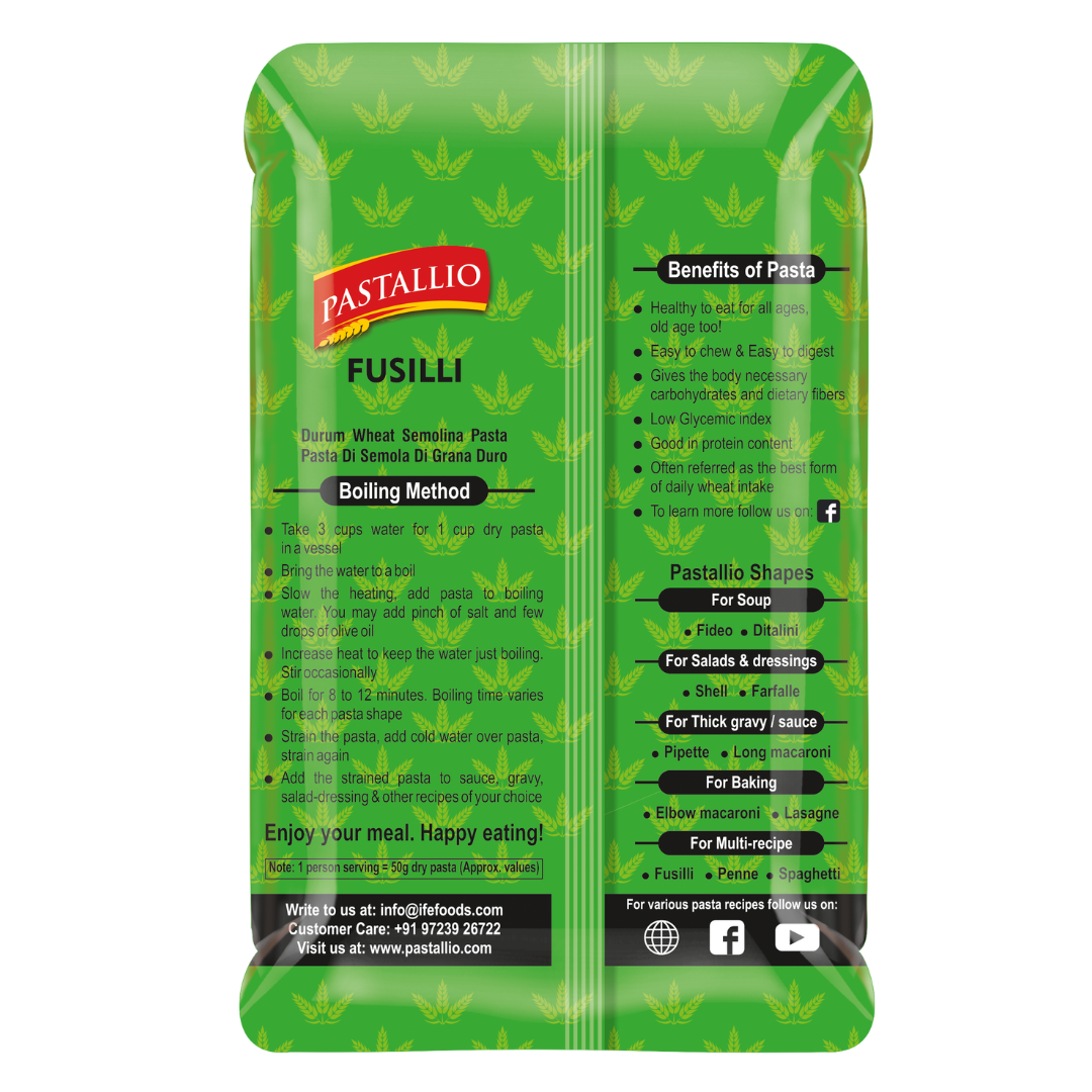Pastallio Fusilli Pasta | 100% Durum Wheat Semolina | No Maida | Spiral Shape Pasta | Ideal for Gravy, Salads & Soups | Vegetarian | Pack of 2 x 500g Packs (1kg Total)