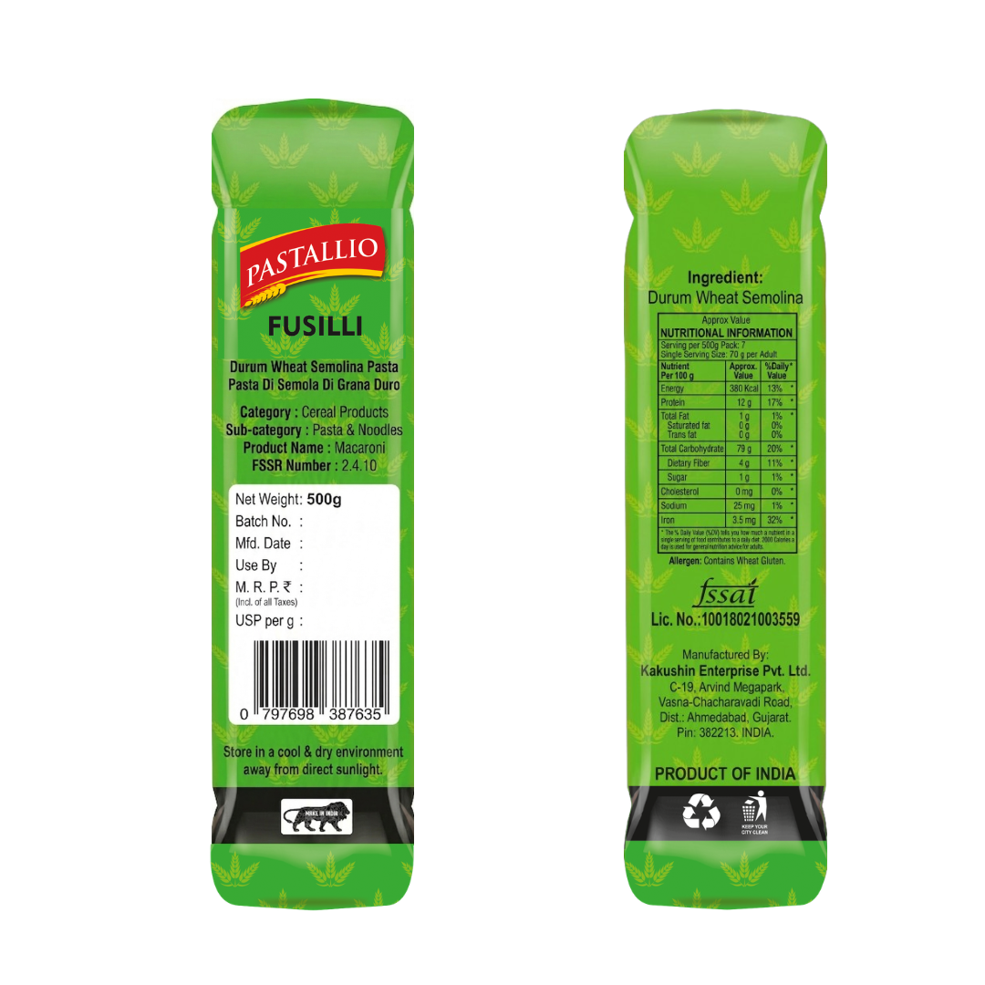 Pastallio Fusilli Pasta | 100% Durum Wheat Semolina | No Maida | Spiral Shape Pasta | Ideal for Gravy, Salads & Soups | Vegetarian | Pack of 2 x 500g Packs (1kg Total)