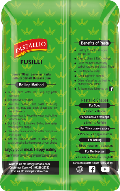 Pastallio Fusilli Pasta | 100% Durum Wheat Semolina | No Maida | Spiral Shape Pasta | Ideal for Gravy, Salads & Soups | Vegetarian | Pack of 2 x 500g Packs (1kg Total)