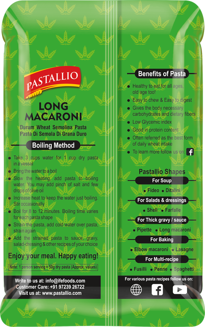 Pastallio Long Macaroni Rigati Pasta – 100% Durum Wheat Semolina | No Maida | No Additives | High in Protein & Fibre – 2 Packs of 500g (1kg Total)