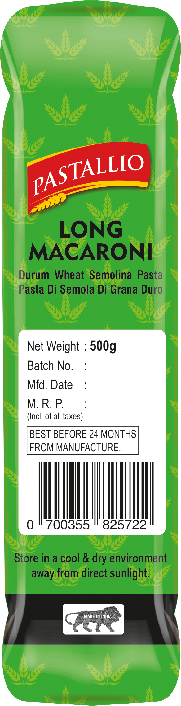 Pastallio Long Macaroni Rigati Pasta – 100% Durum Wheat Semolina | No Maida | No Additives | High in Protein & Fibre – 2 Packs of 500g (1kg Total)