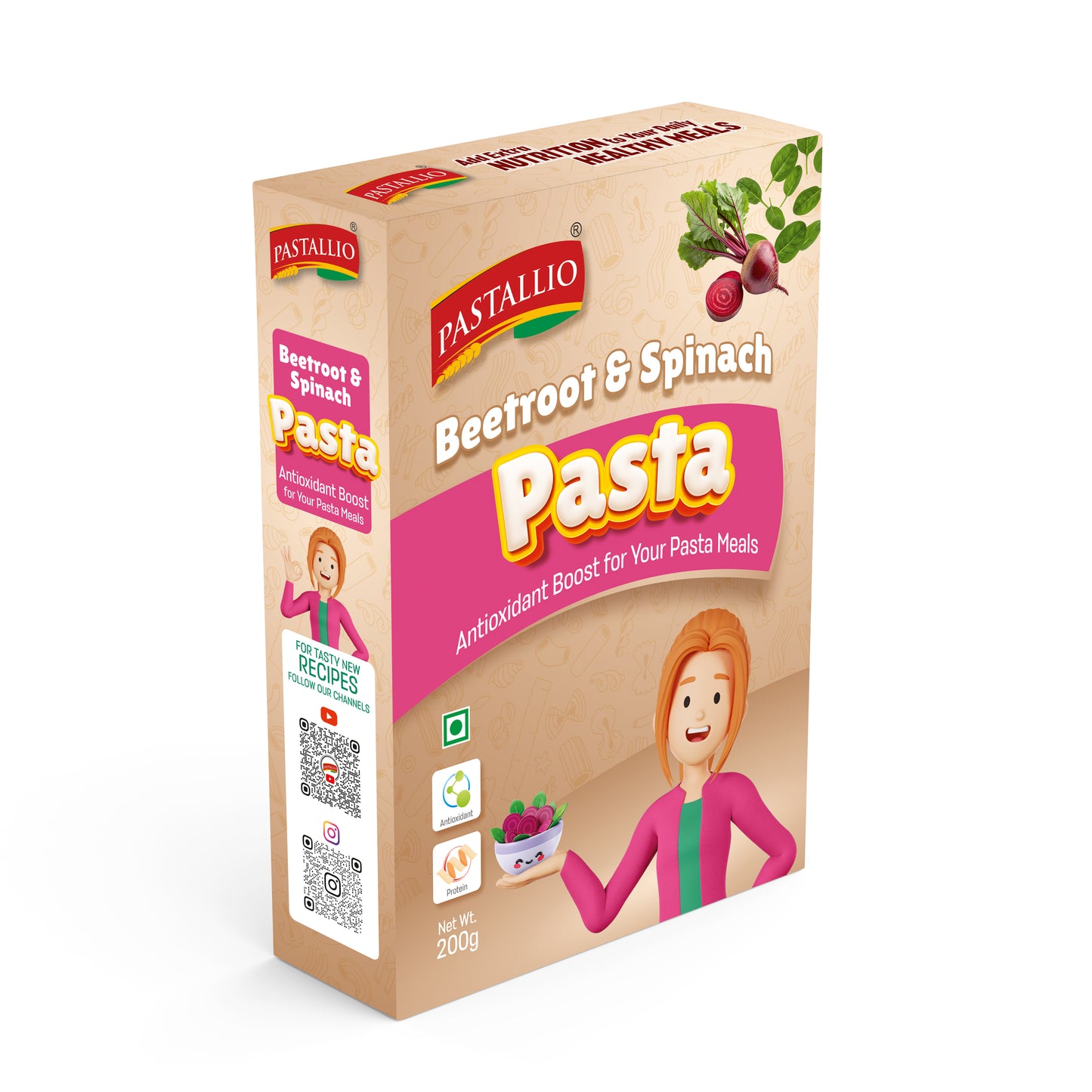 Pastallio Beetroot & Spinach Pasta made of Natural and Pure Beetroot powder and Spinach powder with Durum Wheat semolina (2 Pack of 200g)