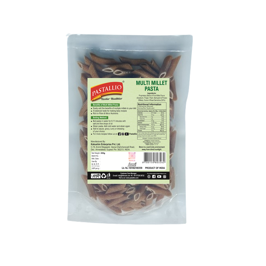 Pastallio Multi Millet Pasta | Penne Rigati (2 Pack 200g) Made of Five Positive Millet Flours (Sorghum, Finger, Pearl, Barnyard & Prosso Millets) with Durum Wheat Semolina | No Maida | Vegan | High Fibre | Protein Rich | Healthy Millet Pasta
