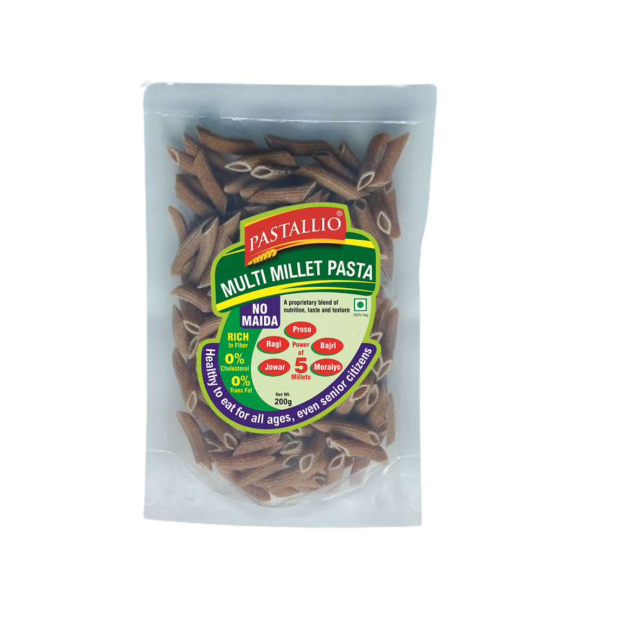 Pastallio Multi Millet Pasta | Penne Rigati (2 Pack 200g) Made of Five Positive Millet Flours (Sorghum, Finger, Pearl, Barnyard & Prosso Millets) with Durum Wheat Semolina | No Maida | Vegan | High Fibre | Protein Rich | Healthy Millet Pasta