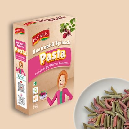 Pastallio Beetroot & Spinach Pasta made of Natural and Pure Beetroot powder and Spinach powder with Durum Wheat semolina (2 Pack of 200g)