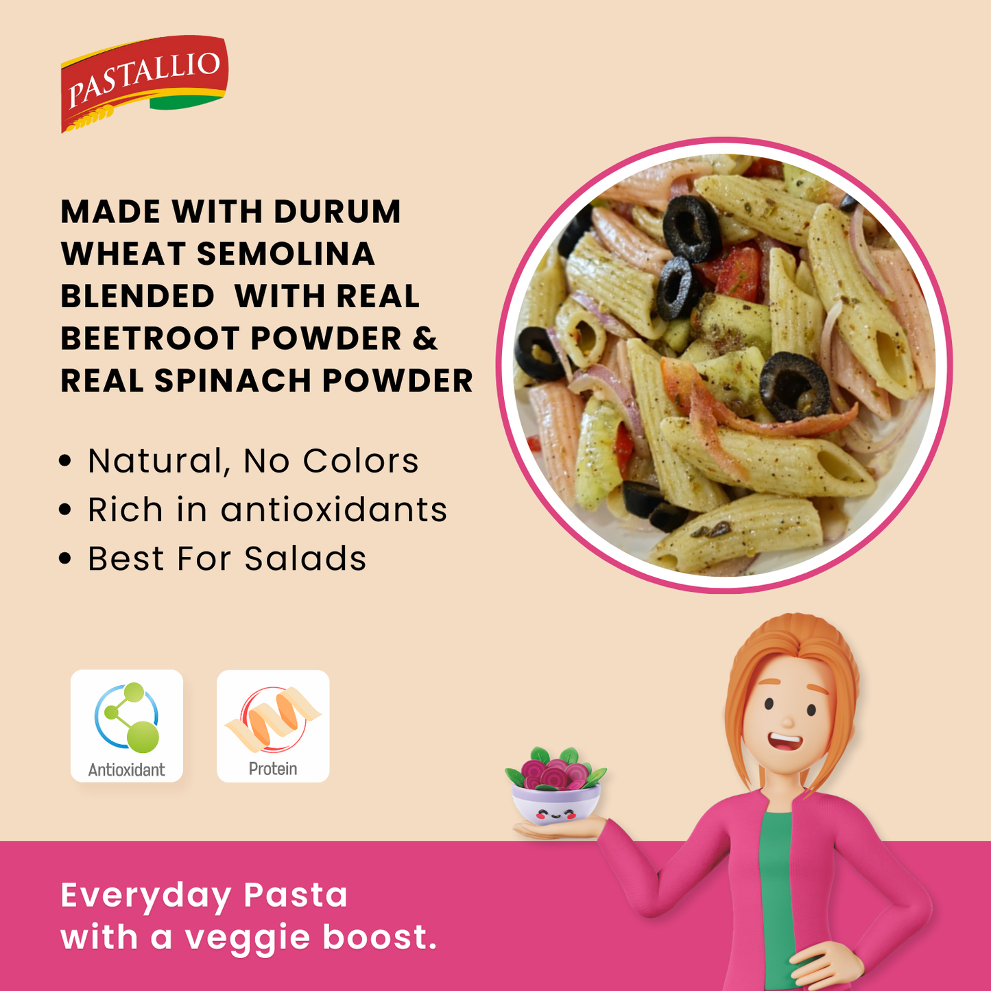 Pastallio Beetroot & Spinach Pasta made of Natural and Pure Beetroot powder and Spinach powder with Durum Wheat semolina (2 Pack of 200g)