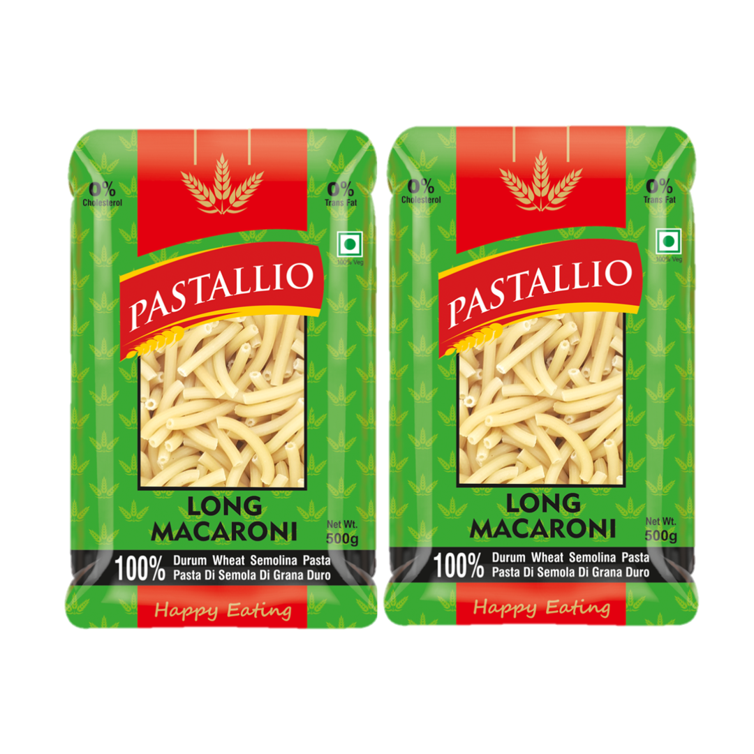 Pastallio Long Macaroni Rigati Pasta – 100% Durum Wheat Semolina | No Maida | No Additives | High in Protein & Fibre – 2 Packs of 500g (1kg Total)