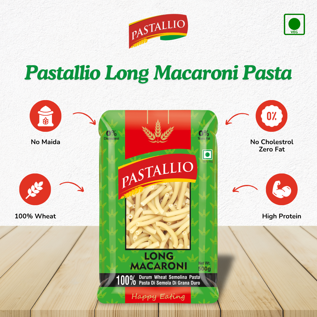 Pastallio Long Macaroni Rigati Pasta – 100% Durum Wheat Semolina | No Maida | No Additives | High in Protein & Fibre – 2 Packs of 500g (1kg Total)