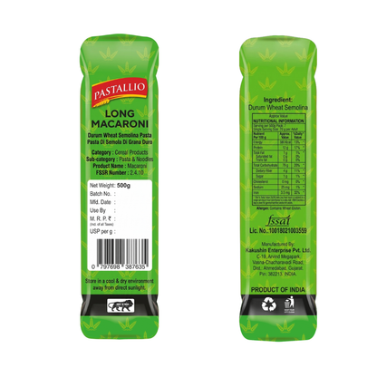 Pastallio Long Macaroni Rigati Pasta – 100% Durum Wheat Semolina | No Maida | No Additives | High in Protein & Fibre – 2 Packs of 500g (1kg Total)