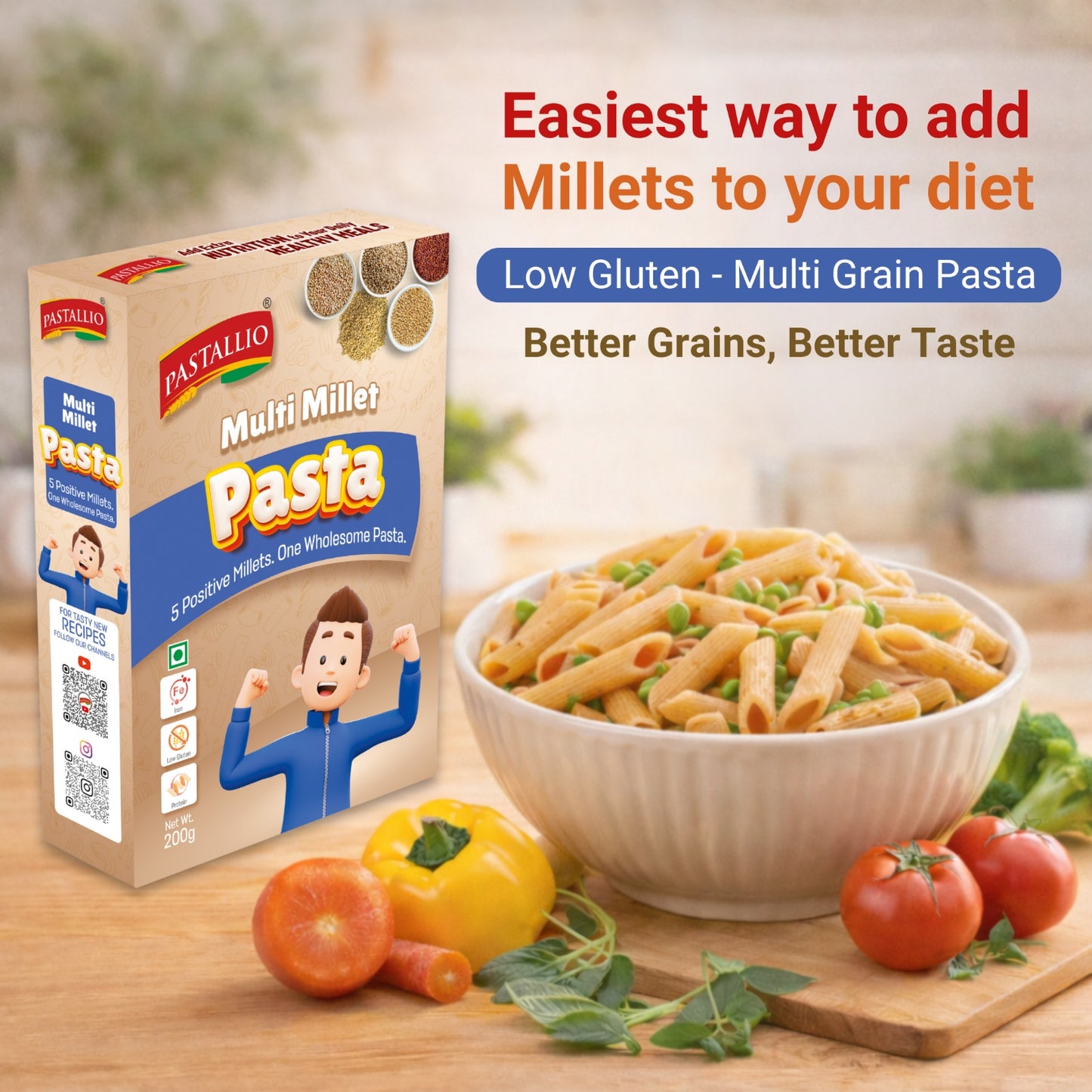 Pastallio Multi Millet Penne Pasta (2×200g) – Made with 5 Positive Millets | Vegan, No Maida & High Fibre
