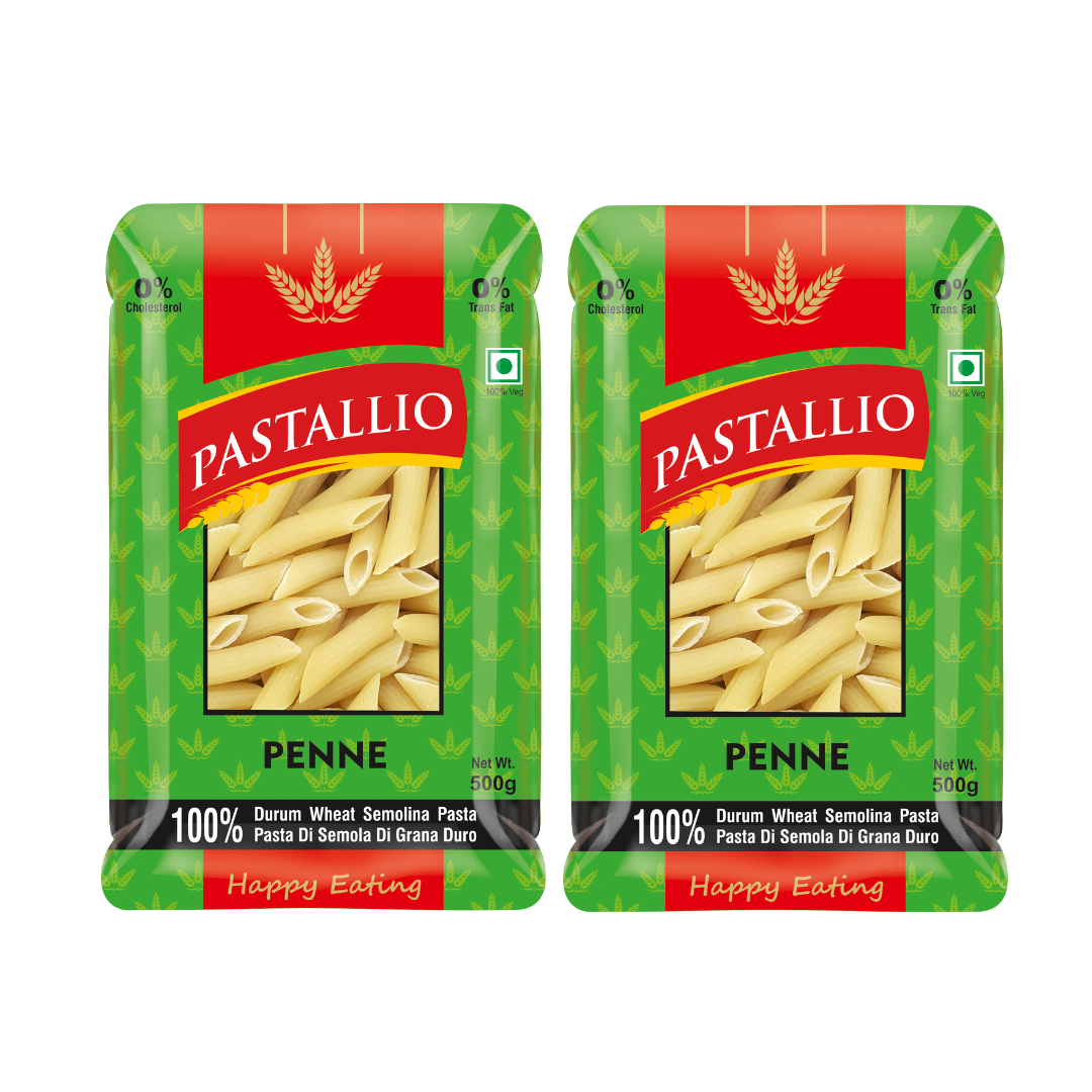 Pastallio Penne Rigate Pasta | 100% Durum Wheat Semolina | No Maida | Pack of 2 x 500g Packs (1kg Total)