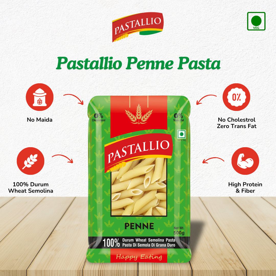 Pastallio Penne Rigate Pasta | 100% Durum Wheat Semolina | No Maida | Pack of 2 x 500g Packs (1kg Total)