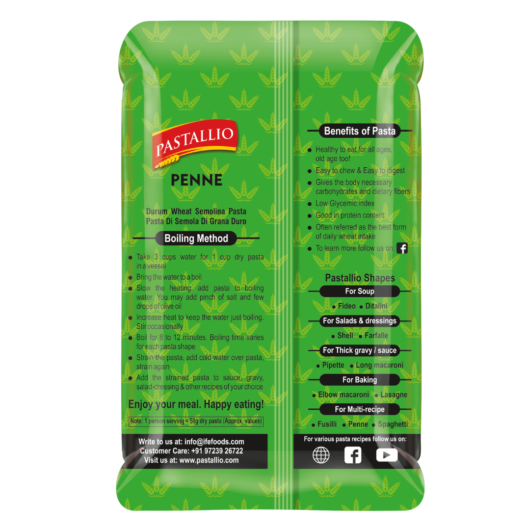 Pastallio Penne Rigate Pasta | 100% Durum Wheat Semolina | No Maida | Pack of 2 x 500g Packs (1kg Total)
