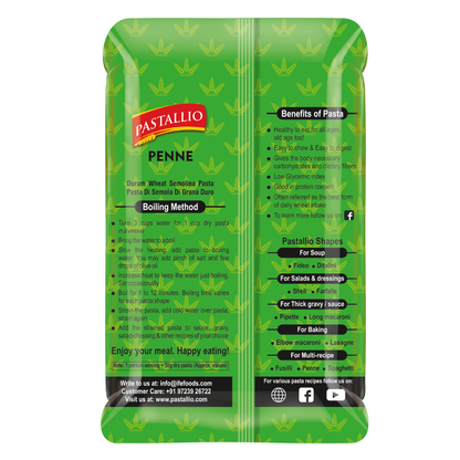 Pastallio Penne Rigate Pasta | 100% Durum Wheat Semolina | No Maida | Pack of 2 x 500g Packs (1kg Total)