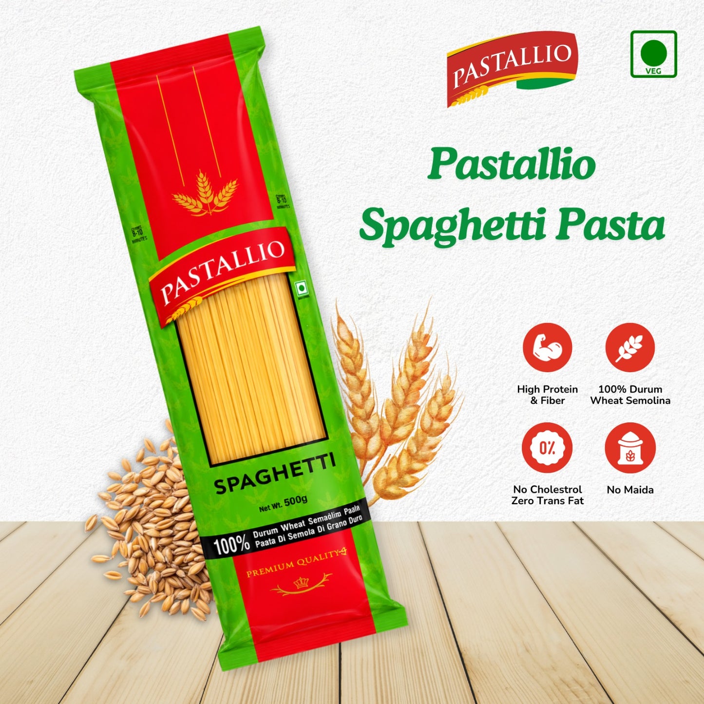 Pastallio 100% Durum Wheat Semolina Spaghetti Pasta | Pack of 2 x 500g | No Maida | High Protein | Vegetarian | Ideal for Red Sauce, White Sauce & Aglio e Olio Recipes